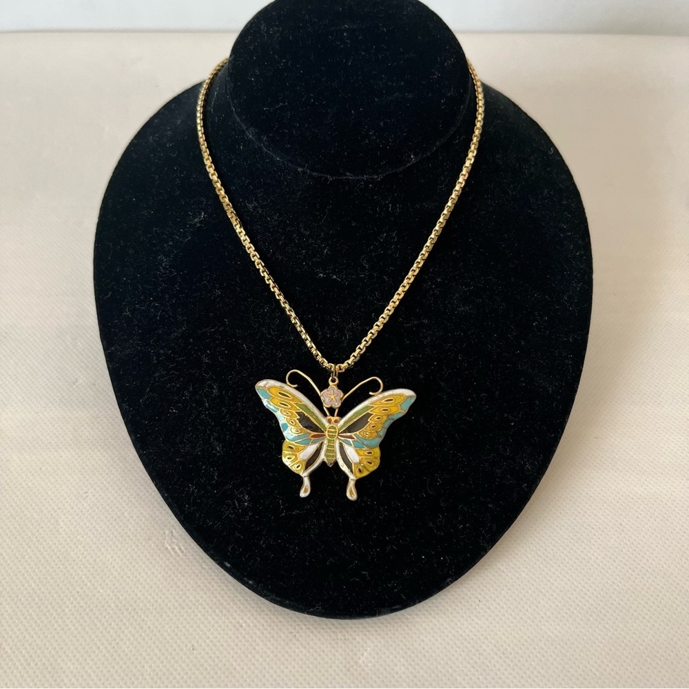 Cloisonné Butterfly Pendant Gold Tone Monet Long Chain Necklace